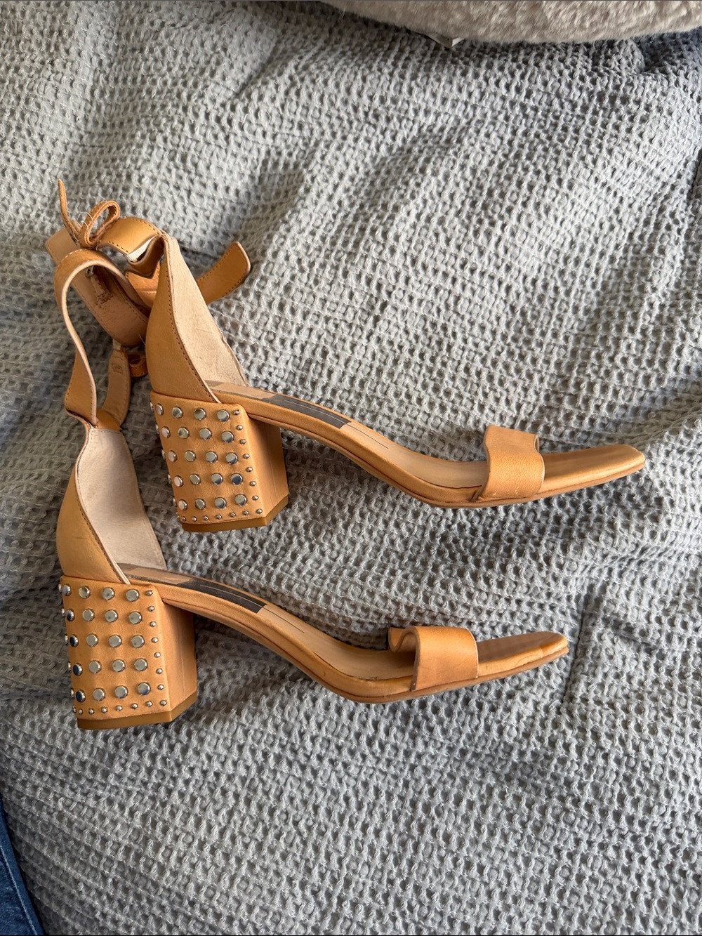 Studded Ankle-Tie Block Heel Sandals - Tan